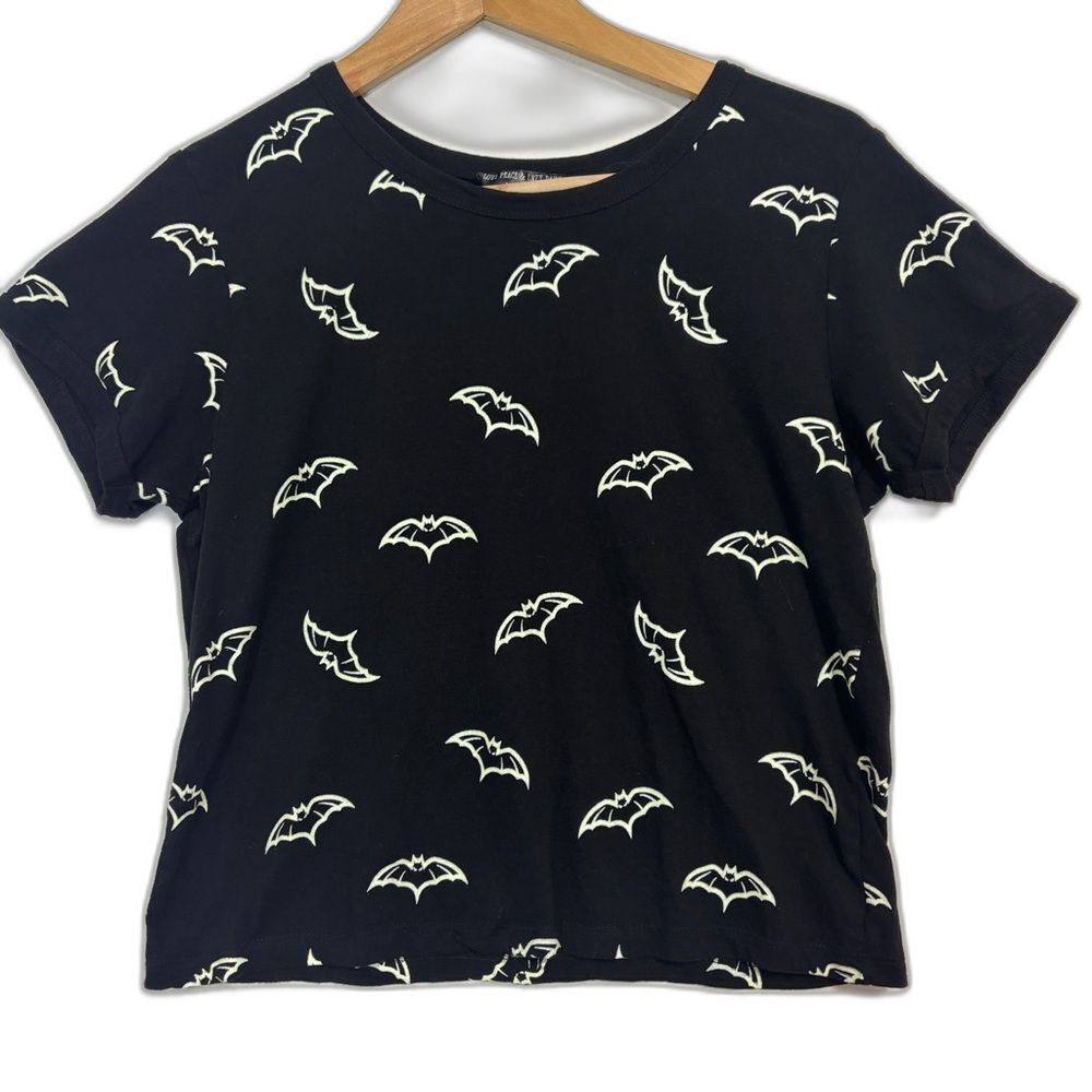 Love Peace‎ & Lazy Days Glow In The Dark Bat Shirt Womens M Black Witchy Goth